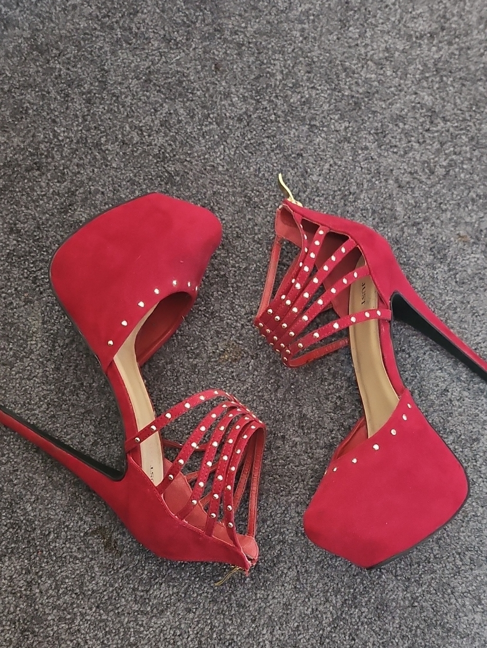 Red Studded Strappy High Heel Sandals - Women